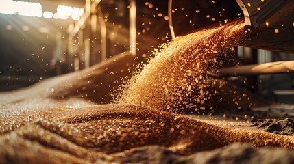 Golden grains of wheat being poured from a metal chute in a sunlit facility - obrazy, fototapety, plakaty