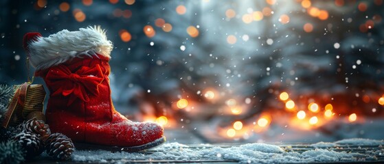 a wooden wall background with glowing lights outside a window and a Santa's boot and bag filled with gifts and cones...