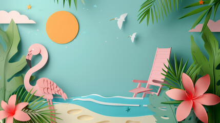 Fototapeta na wymiar Summer Holidays, Paper Craft Flamingo and Beach Chair Under the Sun