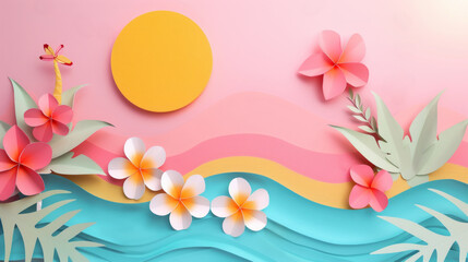 Fototapeta na wymiar Summer Holidays Paper Craft Tropical Beach Sunset with Waves