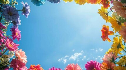 Vibrant Flowers in Square Frame with Blue Sky and Clouds Background, Floral Arrangement, Nature Photography Concept