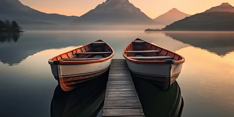 Wandcirkels tuinposter Bask in tranquility as boats gently sway at the pier, the serene waters mirroring the ethereal sky, evoking a sense of calm and relaxation. © Murda