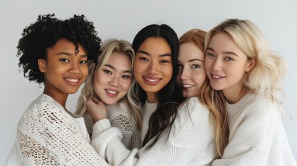 Obraz premium Diverse group of smiling women in white sweaters huddled together