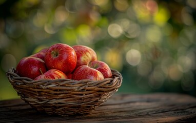 A bountiful basket overflows with an array of freshly picked, juicy red apples against a backdrop of lush greenery and warm sunlight, evoking the abundance and tranquility of an autumn orchard.