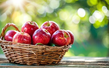 A cluster of luscious, ruby-red apples glistens in the warm sunlight, their flawless skin reflecting the beauty of the natural world and the bountiful harvest of the season.