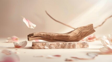 Serene composition with driftwood and floating petals in a gentle tableau - obrazy, fototapety, plakaty