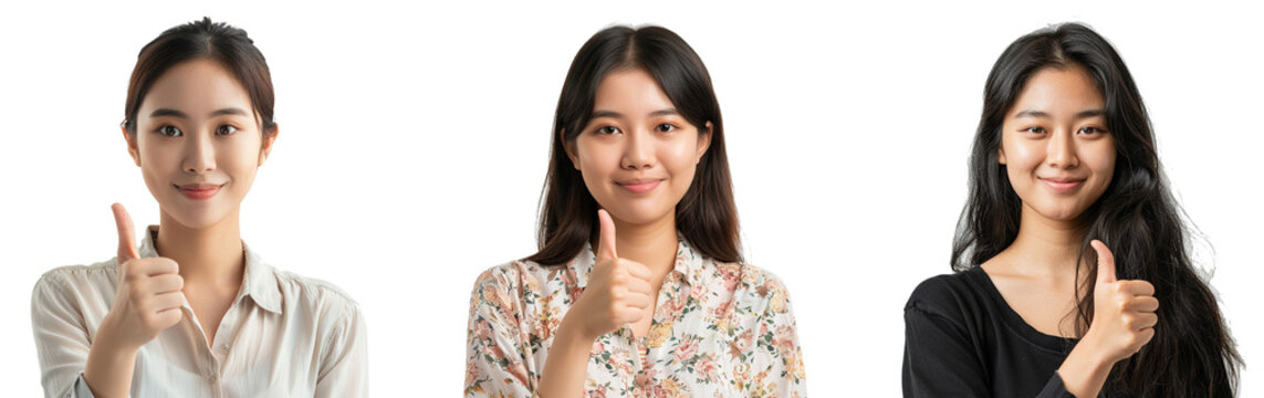 Image of confident asian woman showing thumb up in approval, recommending