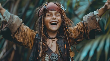 A kids laughter fills the air as they don a pirate costume the garden transformed into a vast ocean of adventure - obrazy, fototapety, plakaty