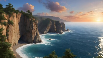 Breathtaking-Sun-Drenched-Coastal-Cliffs-Azure-W- - obrazy, fototapety, plakaty