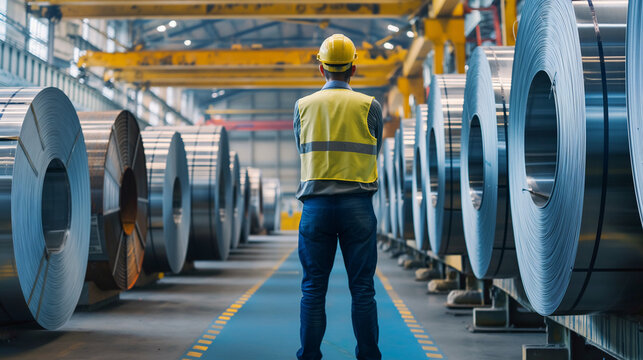 Sete bobinas de a&ccedil;o para venda enfileirados em um fundo azul de carpete e detlahes arquitetonicos sutis, em prateleiras, ao lado direito um homem, de capacete de seguran&ccedil;a industrial amarelo