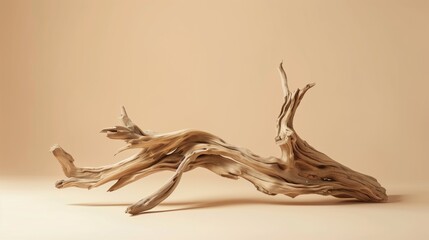 A dynamic driftwood piece displayed against a beige background - obrazy, fototapety, plakaty
