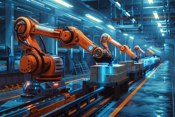 A group of automated robots in motion along a factory conveyor belt, efficiently performing tasks in a manufacturing setting - obrazy, fototapety, plakaty
