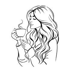 Blonde girl, lady with a cup of hot coffee or tea in her hand. Young attractive woman drinking a drink. Logo emblem, cafe. Close-up. Hand painted. Line art. Vector