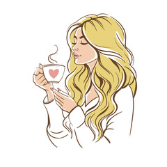 Blonde girl, young woman with a cup of hot coffee or tea. Young attractive woman drinks. Label, logo, emblem of cafe, food industry. Close-up. Hand painted. Line art. Vector