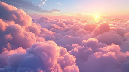 Beautiful aerial view above clouds at sunset, Beautiful cloudscape with blue sky and pink clouds. 3d illustration - obrazy, fototapety, plakaty