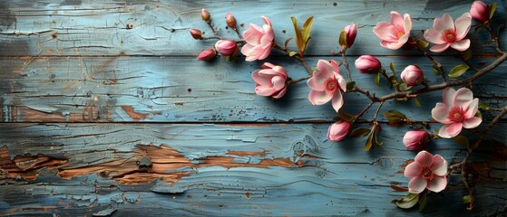 Flowers with orchids on a background of shabby wooden planks.