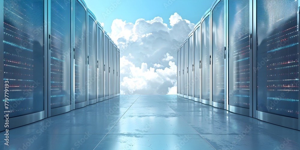 Poster cloud computing data center servers powering internet services with copy space