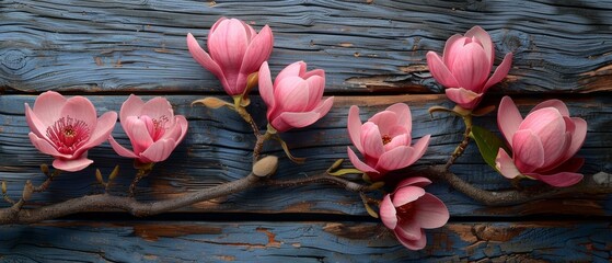 Magnolia flowers against a rustic wooden plank background...