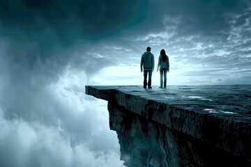 Couple of people on a cliff edge overlooking the abyss clouds, dramatic perspective facing your fear - obrazy, fototapety, plakaty