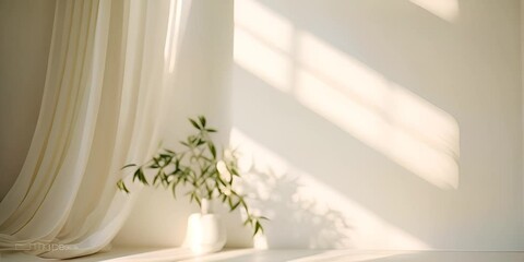 The delicate shadow of an elegant plant falls onto white curtains, contributing to a peaceful and stylish home ambiance 4K Video