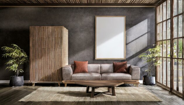 Timeless Fusion: Modern Living Room in Japanese Aesthetic with Mid-Century Sofa and Dark Accents