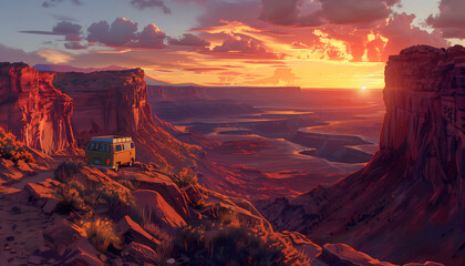 A captivating illustration of a van journeying along a winding canyon path as the sun sets on the horizon 