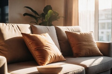 Relaxing at home during the holiday concept. Close-up of a comfortable sofa with pillows in a cozy living room with sunlight in the morning. Relaxed, warm, and happy feeling.