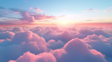 Beautiful aerial view above clouds at sunset, Beautiful cloudscape with blue sky and pink clouds. 3d illustration - obrazy, fototapety, plakaty