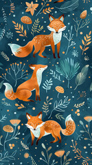 Teal background with a pattern of red foxes, plants and mushrooms in a forest - wallpaper background with cute animal illustrations in cartoon flat design style made with acrylic or watercolor