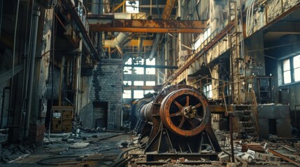 Abandoned industrial factory interior filled with old machinery and equipment in the center of the room - obrazy, fototapety, plakaty