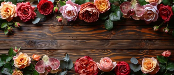 This flat design background has a wooden background with a floral frame containing roses and orchids. - obrazy, fototapety, plakaty
