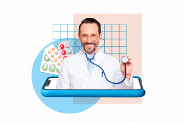 Creative abstract template collage of mature doctor screen device pills medicament pharmacy bizarre...