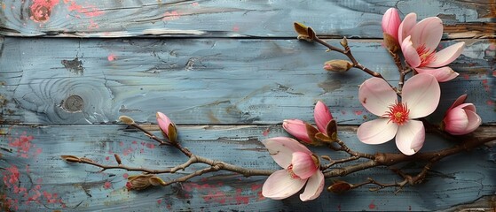 An image of magnolia flowers displayed against a rustic wooden plank background.