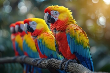 A group of vividly colored Scarlet Macaws perched on a tree branch, showcasing the beauty of wildlife