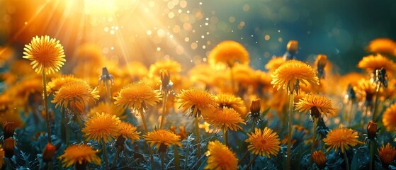 Fototapeta na wymiar Floral background with yellow dandelions flowers and sunrays in spring