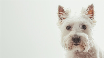 A Cute West Highland White Terrier on a white background with copy space for a banner design.