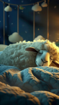 Cute lamb sleeping in baby bed. Good night and sweet dreams