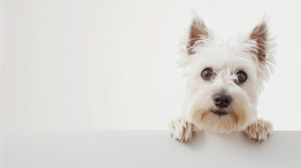 A Cute West Highland White Terrier on a white background with copy space for a banner design.