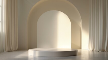 Minimalist interior with round pedestal in arched alcove and curtains