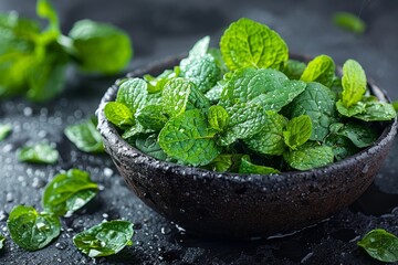 Vibrant green mint leaves in a dark rustic bowl with fresh water droplets captured in a close-up shot