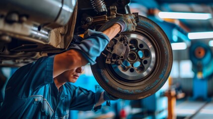 Portrait of a young Asian male mechanic changing car tire, fixing car engine. - obrazy, fototapety, plakaty
