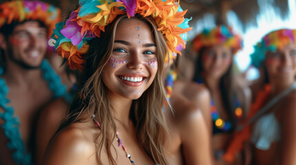 A young woman adorned with a colorful floral headdress smiles brightly at a festive event.Party Celebration on the beach with Joyful Young Woman and friends
