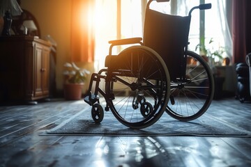 Abandoned wheelchair in the hospital. - obrazy, fototapety, plakaty
