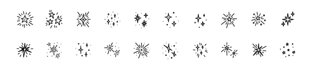 Doodle star icon set. Sparkle glitter vector elements. Merry Christmas and happy New year decorations, confetti, firework. Shiny blink, sparkle lights, bling, twinkle crayon drawing