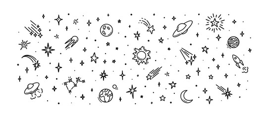 Cute line doodle space background. Hand drawn planets, sun, moon, stars, spaceship collection. Childish drawing cosmic illustration. Crayon, ink, pencil drawing. Night starry sky