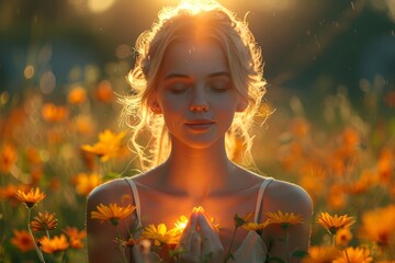 Ethereal image of a young woman in a field during sunset with a flower crown, exuding peace and harmony