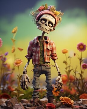 3D cartoon zombie gardener among watercolor flowers, bright day, eyelevel view