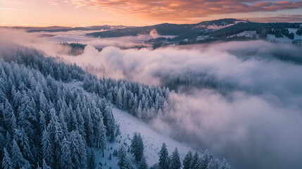 Drone photo of a foggy valley in Washington in winter