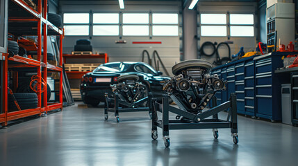 Car engine on a stand in a workshop ready for overhauling. - obrazy, fototapety, plakaty