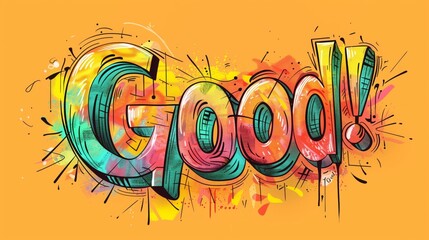 Colorful graffiti-style illustration spelling 'GOOD!' on a yellow background - obrazy, fototapety, plakaty